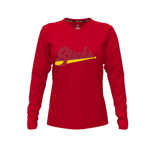 [CUS-DFW-TEES-PER-VNK-LSL-RED-FYXS-LOGO1] Performance T-Shirt (Female Youth XS, Red, V Neck, Logo 1, Long Sleeve)